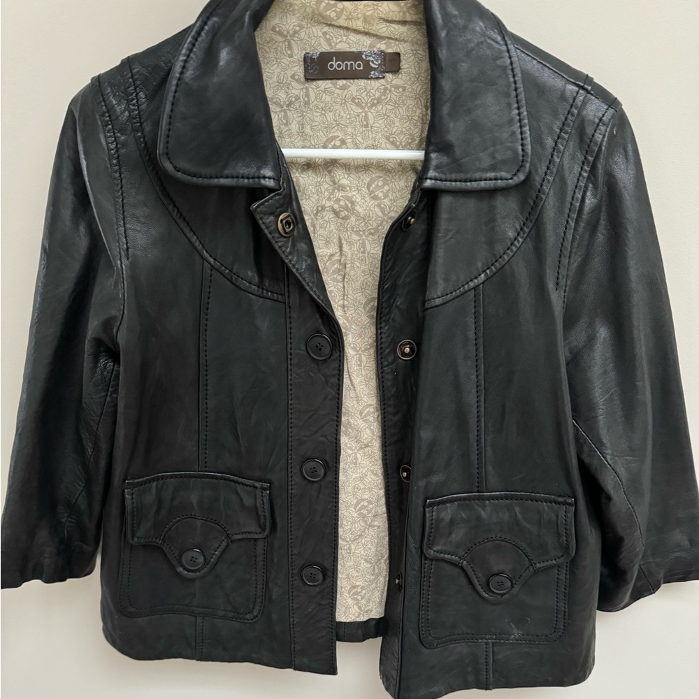 Doma Cropped Black Leather Jacket 3/4 Sleeve - Picture 4 of 8